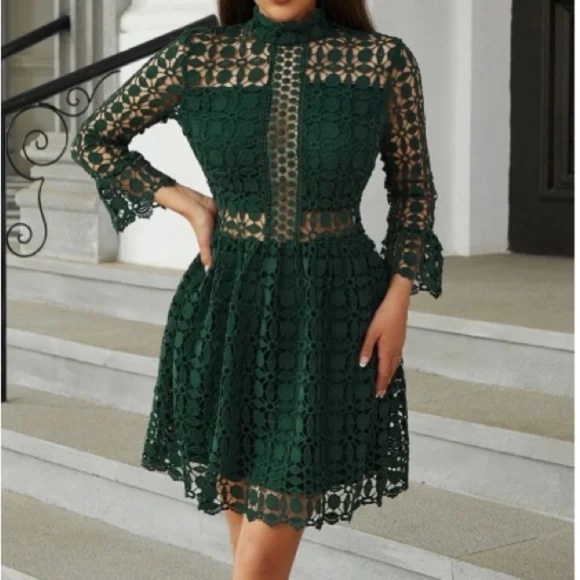 Classic Lace Frill Neck Long Sleeve Party Dress - Picture 11 of 13